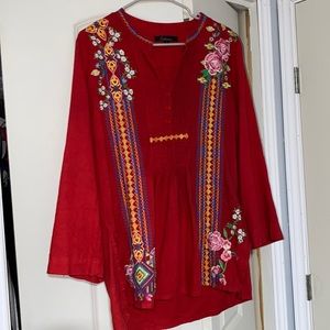 Red long sleeves embroidered shirt